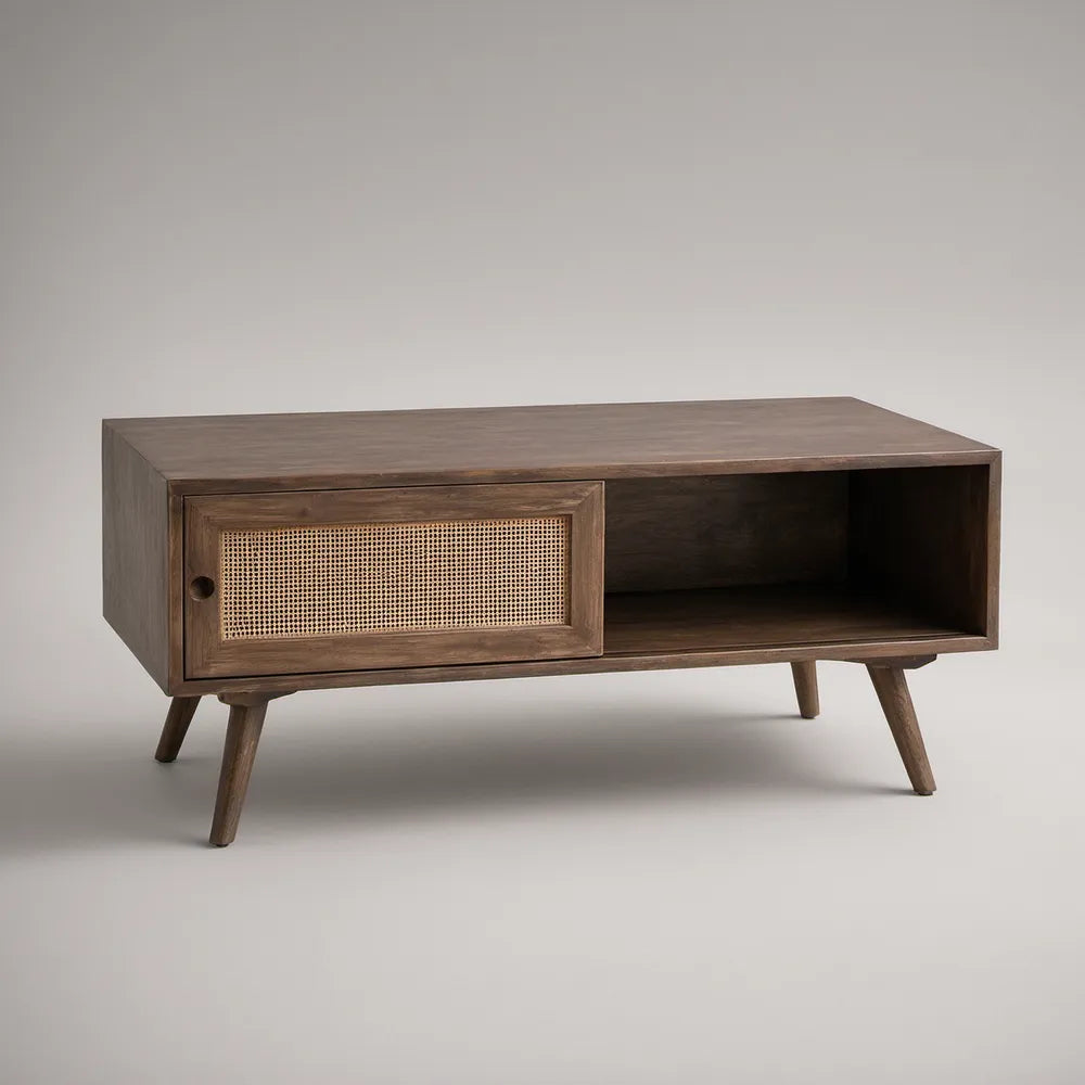 Retro konferenční stolek s posuvnými ratanovými dvířky a úložným prostorem, 100 × 45 × 45 cm, ořechově hnědý/přírodní béžový
