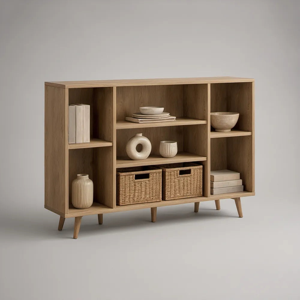 Otevřený příborník z MDF s dubovou dýhou, přírodní hnědá, 150 × 40 × 120 cm