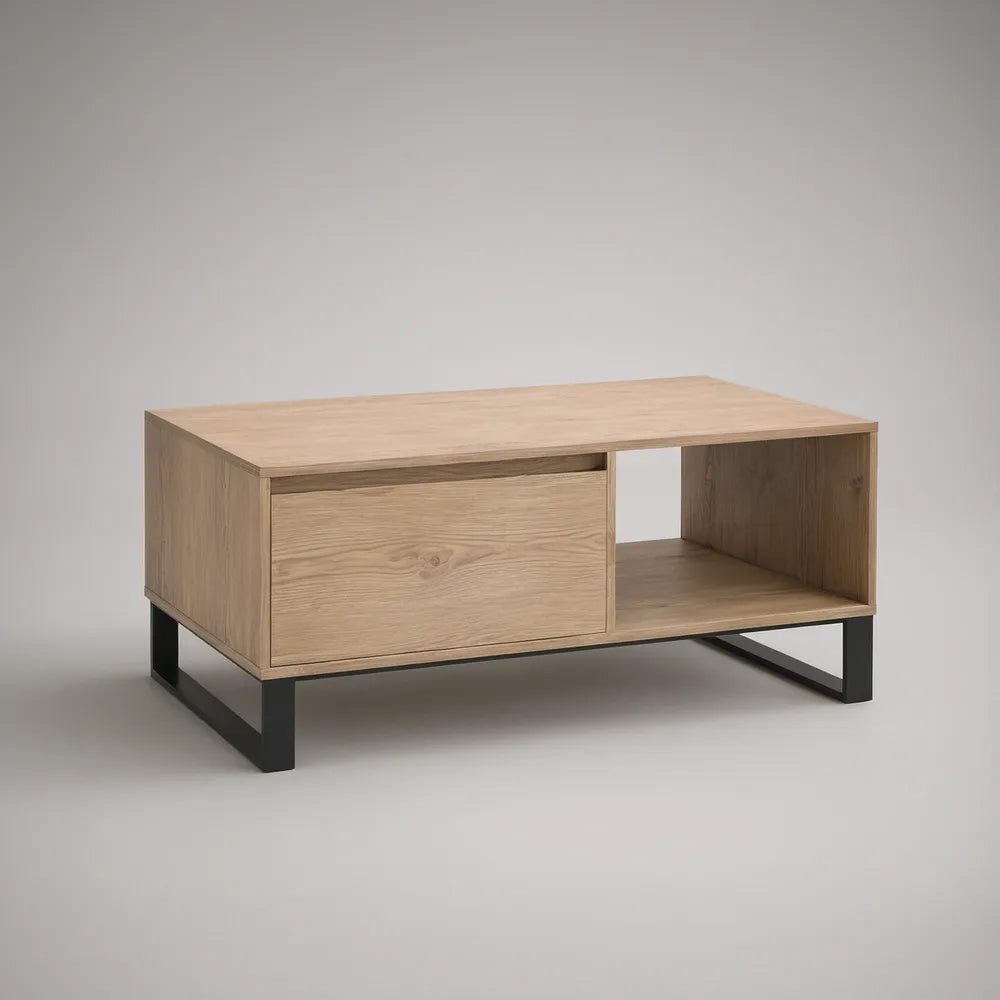 Obdélníkový konferenční stolek se zásuvkou a otevřeným úložným prostorem, 100 × 60 × 45 cm, světlý dub a černá