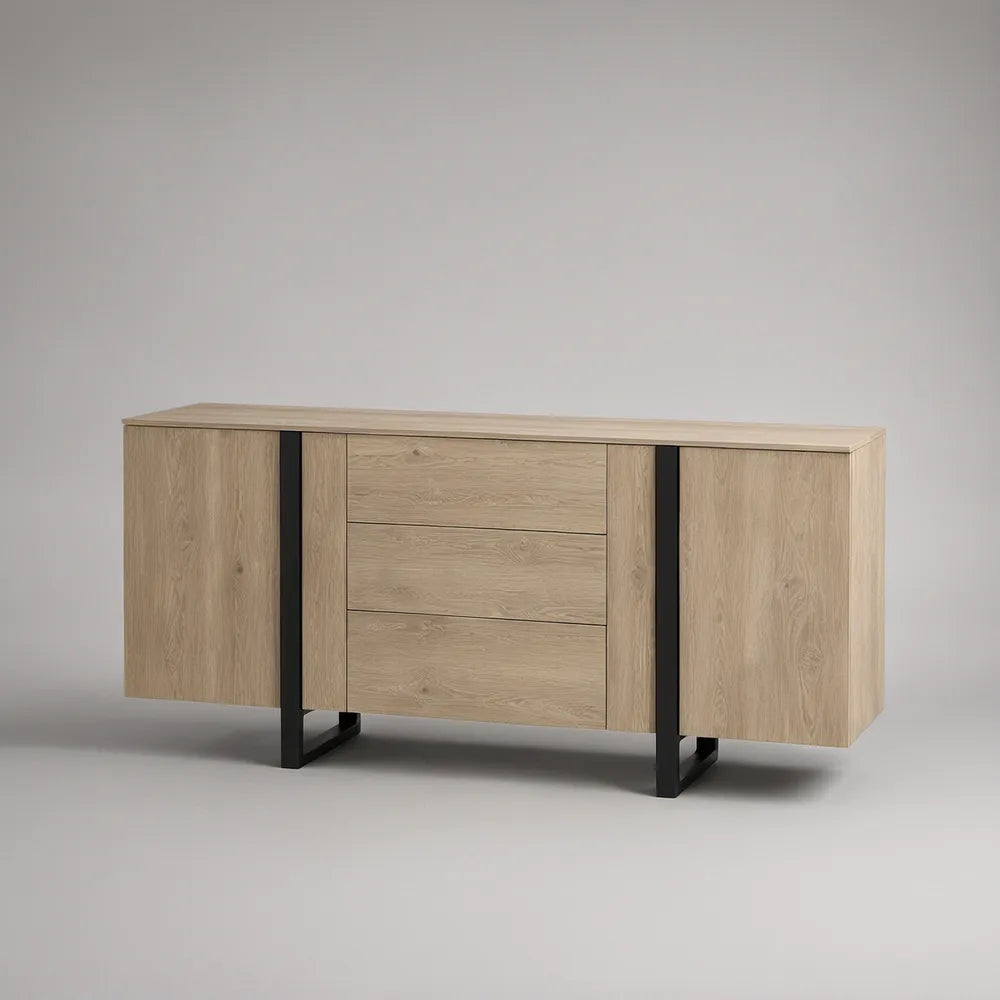 Komoda se 2 dvířky a 3 zásuvkami, 160 × 40 × 80 cm, přírodní dub a černá