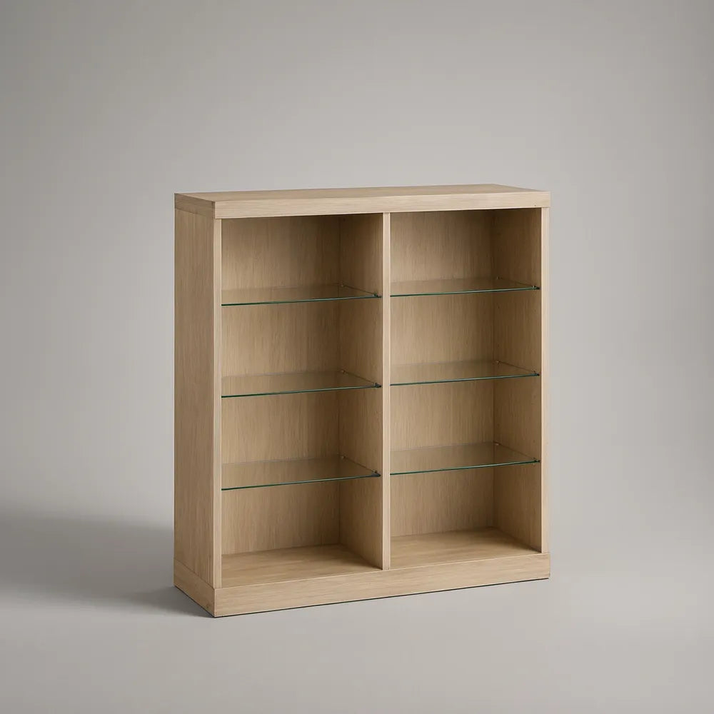 Otevřený příborník z MDF s dubovou dýhou a 6 skleněnými policemi, přírodní dub, 100 × 40 × 120 cm