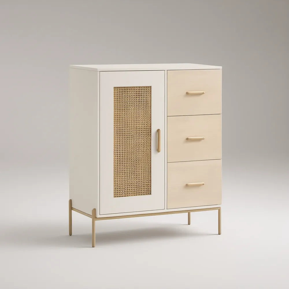 Příborník se 3 zásuvkami a dvířky, 80 × 40 × 110 cm, MDF s ratanovým výpletem, bílý/přírodní béžový/světle hnědý